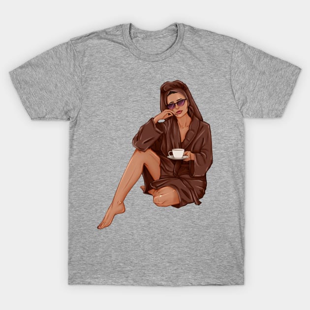 Girl in brown spa robe fashion art T-Shirt by ArctiumStudio